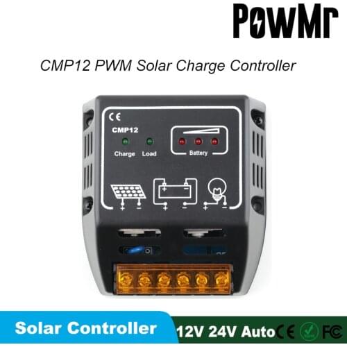 PowMr CMP12 PWM Solar Charge Controller 12V 24V Auto Battery Solar Regulator for 120W 240W Panel Input With Over-load protection