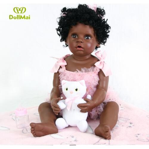 55cm Full Silicone Black Reborn Baby Doll Toy For Girl Boneca Vinyl Newborn Babies Cute Birthday Gift Alive Reborn Bathe To