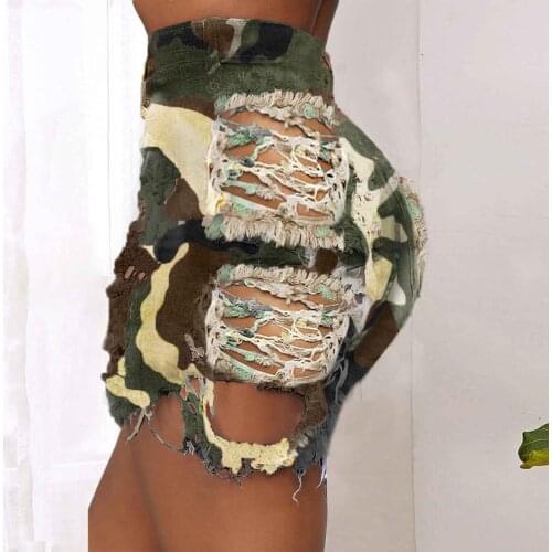 Summer High Waist Denim Shorts Ladies All-match Sexy Cut-out Hollow Camouflage Denim Shorts Women Pants Color Ripped Jeans