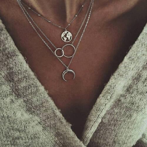 Fashion Earth World Map Moon Multi Layered Necklace for Women Bohemian Geometric Pendant Necklace Choker Statement Jewelry