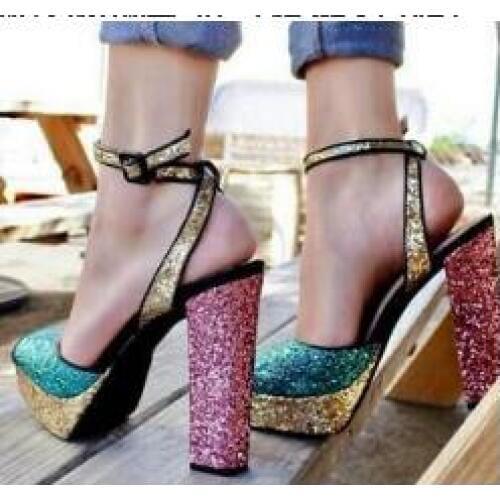 Fashion Bling Bling Gladiator Sandals Sexy Patchwork Thick Heel Womens Platform Sandals Back Strap Party Shoes Large Size