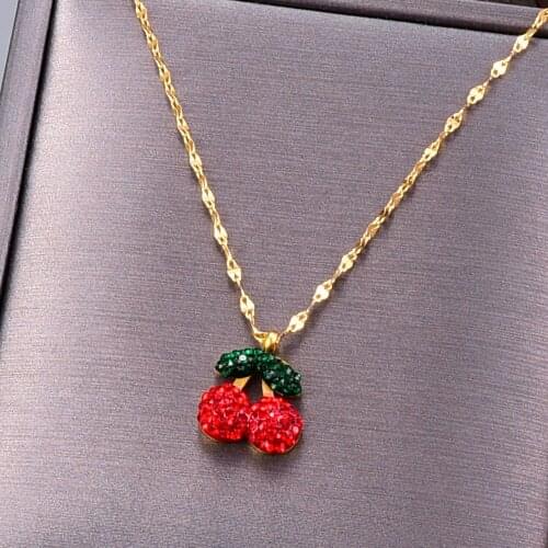 Fashion Cherries Fruit Necklaces Summer Cherry Red Crystal Gold Chain Neck for Woman Girl Trendy Beauty Jewelry