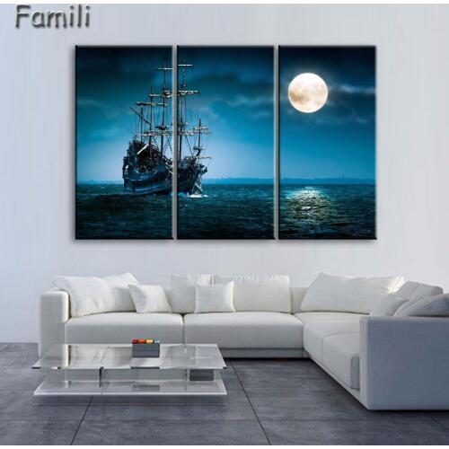 3Pieces Canvas Painting Sailboat Sunset Cuadros Decoration Wall Art Modular Pictures for Living Room Unframed/74