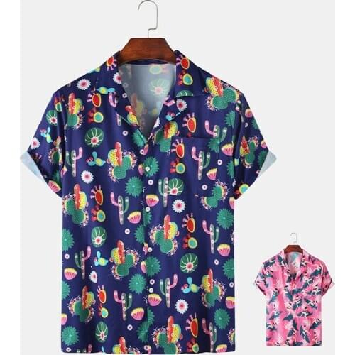 [Customized] 2021 Fashion Hawaiian Shirt Mens Beach Funny Style Cactus Printed Short Sleeve Pink Shirts Men Korean Clothes