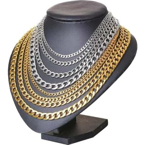 Stainless Stee Silver Plated Flat Chain Long Necklace Men Cuban Link Necklace 4/6/8/10mm Wide Male Unisex Rock Jewelry