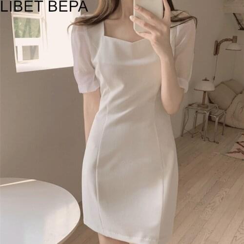 2021 New Summer Women Dresses High Waist Square Collar Elegant Minimalist Style Korean Solid Vintage Lady Mini Dresses DR3515
