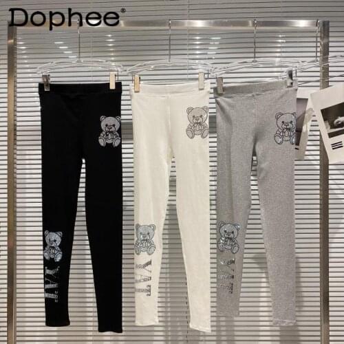 2021 Autumn New Heavy Letter Diamond Bear Rhinestone Black Leggings Female Stretch Slim Yoga Leggings for Women Fitness Trousers