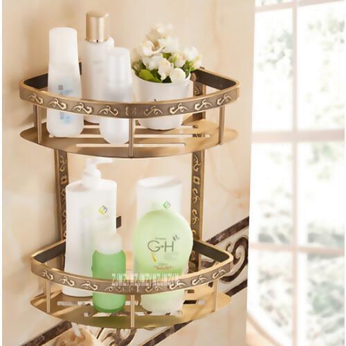 New Arrival Fashion Antique Space Aluminum Bathroom Shelf Double Layer Corner Shelf Basket Carved Three Feet Shelves Hot Selling