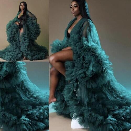Hunter Green Tulle Maternity Dresses Tiered Ruffles Evening Gowns for Photoshoot Boudoir Lingerie Bathrobe Nightwear Jackets