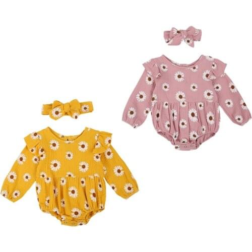 Autumn Infant Newborn Baby Boys Girls Floral Bodysuits Headband 2pcs Sunflowers Print Ruffles Long Sleeve Jumpsuits 0-24M