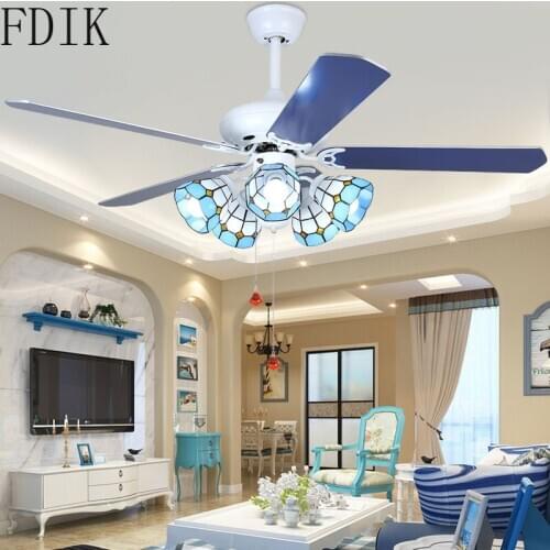 Mediterranean Style Fans Pendant Lights Retro Glass Hanging Fan Lamp for Bedroom Living/dining Room Loft Decor Indoor Lighting