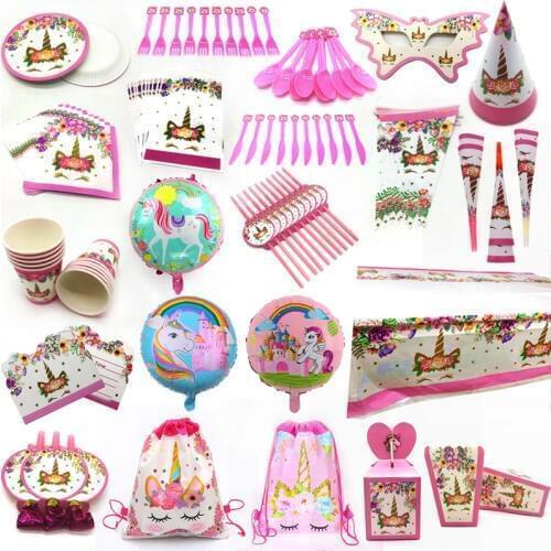 Pink Unicorn Party Banner/Gift Bag /Balloons/ Plate Popcorn Cup Baby Kids 1st Birthday Kid Cake Decoration Party Favor Supplies
