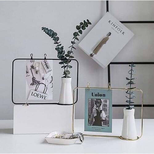 Nordic Wrought Iron Vase Photo Frame Postcard Frame Creative Vase Home Office Living Room Set Table Flower Decor Bracket Frame