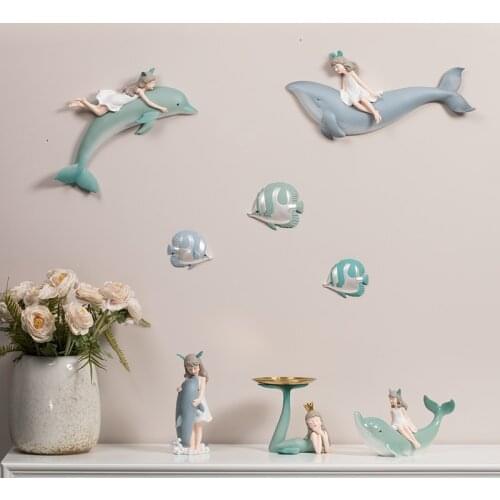Nordic Cute Girl Whale Fish Resin Ornaments Wall Murals Home Livingroom Wall Hanging Crafts Hotel Porch Wall Sticker Decoration