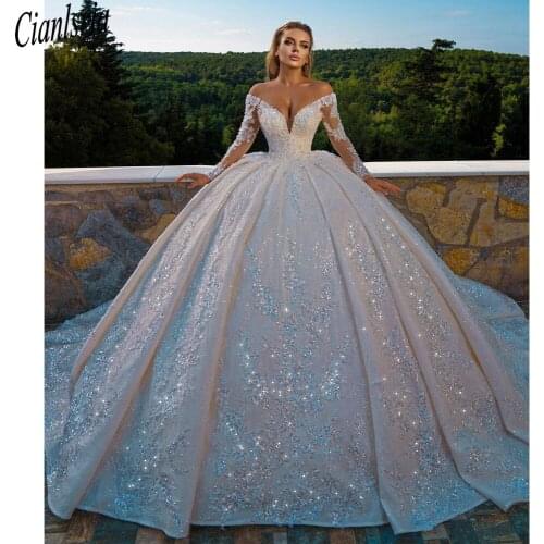 Sexy Church Wedding Dresses V Neck Long Sleves Glitter Sequins Beadings Bridal Wedding Gown Plus Size Ruffles 2021