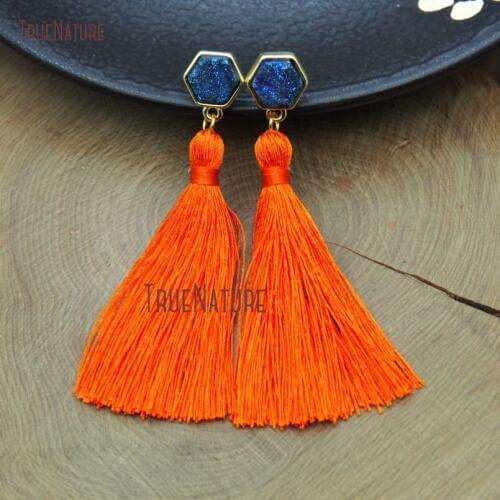 Gorgeous New Orange Silk Stud Tassel Earrings Hexagonal Shape Drusy Rainbow Charm Gold Copper Earring 3.5 inch ER9230