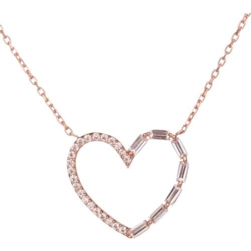925 Sterling Silver Heart Necklace with Baguette Stones Womens Pendant Necklace Silver Chain Heart Love Neckalace