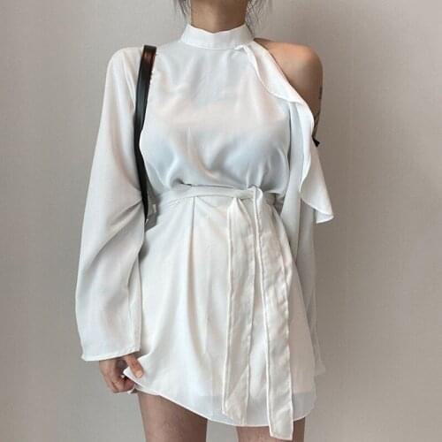 Vintage Off Shoulder Chiffon Women Blouse Summer New Design 2021 O-Neck Slim Elegant Office Lady Pulls Outwear Tops