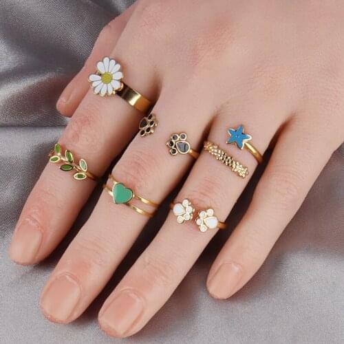 Open Leaf Rings For womens Resizable Plant Daisy Flower Ring stainless steel Color star heart ring Animal Cat Paw Print Rings