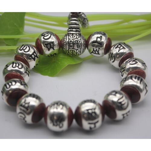 Real S999 Silver Bracelet Women Mans Sutra Buddhism Six Words 16mm Big Red Beads Chain Link Women Mens Bracelet 17cmL
