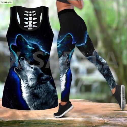 Wolf Night King Two Piece Yoga Set Women 3D Print Vest Hollow Out Tank Top High Waist Legging Summer Casual Sport
