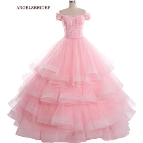 ANGELSBRIDEP Off-Shoulder Pink Quinceanera Dresses Fashion Applique Tulle Vestidos De 15 Anos Masquerade Princess Party Gowns