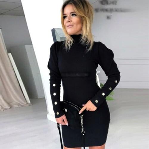 Women Turtleneck Solid Sheath Sexy Mini Dress Long Sleeve With Button Simple Elegant Dress 2021 Spring Office Lady Vintage Dress