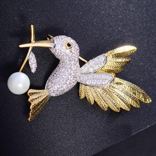 Zlxgirl Classic mens pearl Brooch bridal jewelry cute Birds animal scarf pins Gold copper Micro Paved Popular Gifts