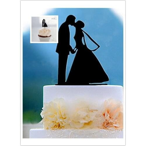 Mixed style 1 pcs kiss bride and groom wedding Cake Topper and 24pcs kiss bride and groom cupcake topper for wedding