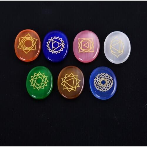 7pcs Engraved Chakra Stone Palm Stone Crystal Reiki Healing Natural Symbols Stone