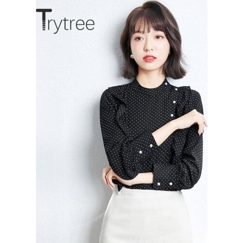 Trytree 2021 Spring Summer Women Blouse Casual O-neck Polka Dot Ruffled Buttons Black Shirt Office Lady Silky Tops For Women