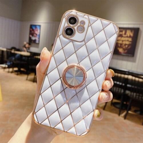 For iPhone 11 12 Pro Max Ring Stand Case, Glitter Sparkle Plating Lattice Designed with Unique Full Camera Lens Protection Cover