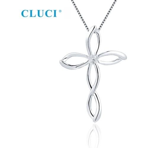 CLUCI Women Cross Pearl Pendant Setting 100% 925 Sterling Silver Charm Fit 6-7mm Round Bead DIY Fine Jewelry Making SP445SB