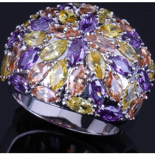 Precious Multigem Multicolor Yellow Cubic Zirconia Silver Plated Ring V0506