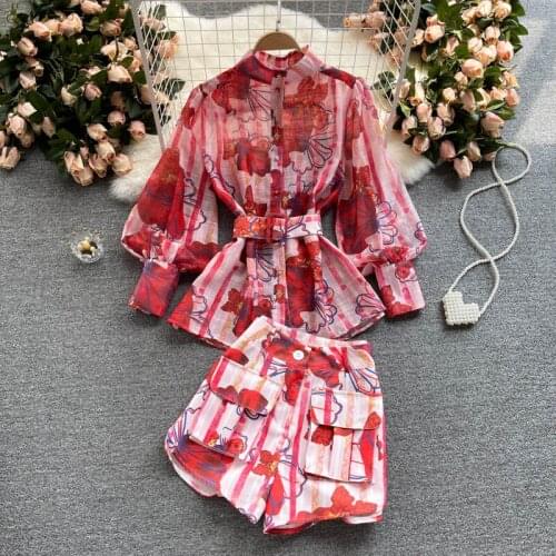 Elegant Womens Shorts Sets Summer Ladies Floral Lantern Sleeve Shirt With Belt High Waist Shorts 2 Piece Set Female Outfit