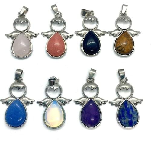 Exquisite Natural Stone Amethyst Tiger Eye Stone Angel Wing Charm Pendant MakingDIY Jewelry Necklace Bracelet Accessories24x35mm