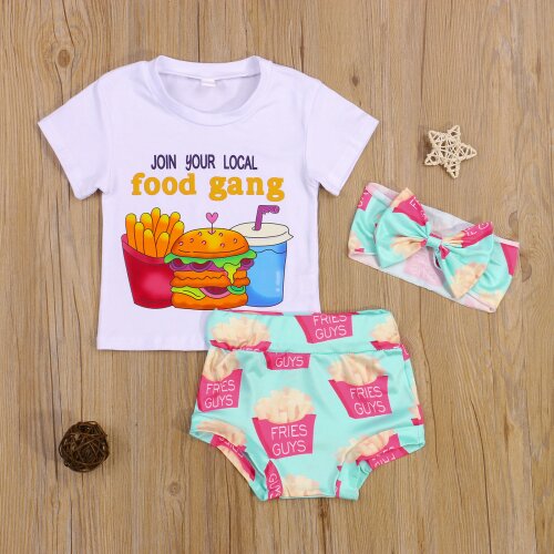 Children Baby Girls Three-piece Summer Clothes Set White Round Collar Short Sleeve Tops + Elastic High Waist Shorts + Headdress
