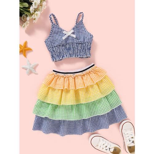 Toddler Baby Girls Clothes Set Plaid Clothes Vest Crop Top V Neck Skirt Ruffles Summer Outfit Set New 18M-6Y