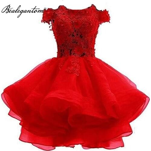 Bealegantom Short Homecoming Dresses Lace Red Off The Shoulder Organza With Appliques Mini Lace Prom Party Graduation Gown
