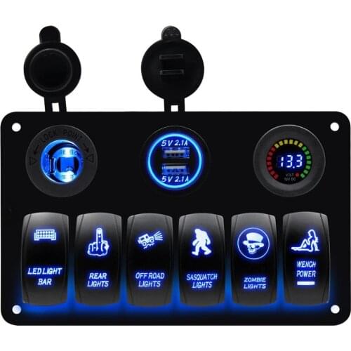 Boat Rocker Switch Panel Voltmeter 12V Cigarette Socket Dual USB Power Charger Adapter Waterproof 6 Gang Switches RV Car Marine