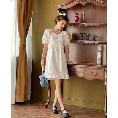 Summer Solid Elegant Dress Women Bow Harajuku Sweet Fit Chic Ruffles Cute Dress Casual Holiday Pretty Party Dress 2021