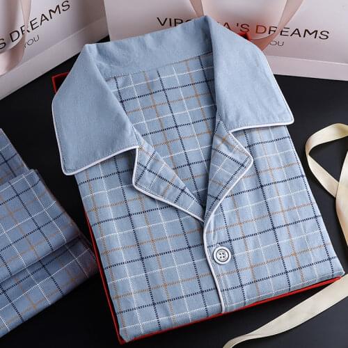 Summer Pajamas Men Short Sleeves Button-Down Cotton Pijamas Set For Men Plaid Nightwear PJs Set 2020 Pyjama Suits for Men