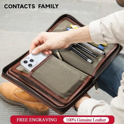 CONTACTS FAMILY Multifunction Clutch For iPhone 12 Pencil Case Wallet Men Purse 6.7'' Phone Case Card Holder Cow Leather Bag