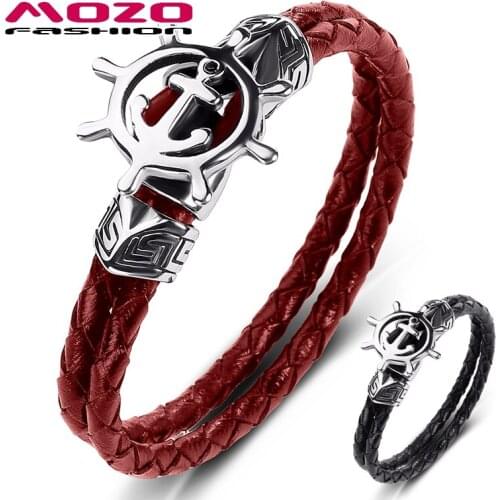 MOZO FASHION 2020 Men Jewelry Black Genuine Leather Bracelets Stainless Steel Punk Anchor Rudder Charm Simple Women Bracelet 540