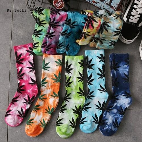 Tie-dye Maple Leaf Men and Women Socks Cotton Colorful Weed Fashion Hip hop Funny Happy Couples Skateboard Hip Hop Tube Socks