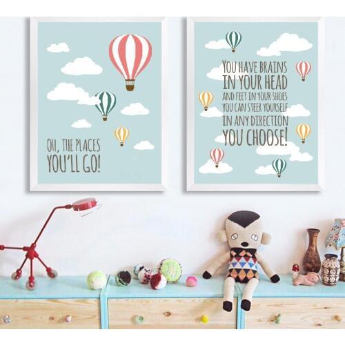Oh, the Places You'll Go! Hot Air Balloon Art Canvas Painting Picture Nursery Wall Art Poster Print Kids Room Art Wall Decor