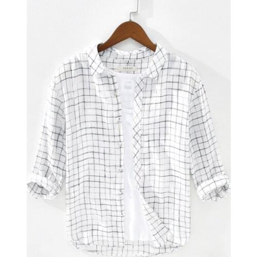 Top Quality Plaid 100% Linen Shirts Men Casual Half Sleeve Shirt Summer Breathable Pure Flax Dress Shirts Male Camisas TS-590