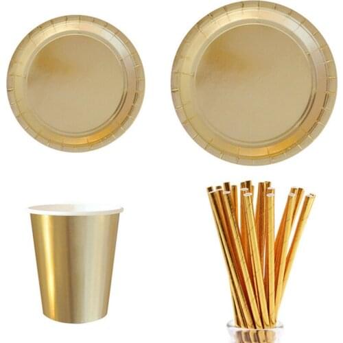 Disposable Bronzing Party Paper Plate Cup And Straw Set Birthday Dinner Field Decoration Supplies