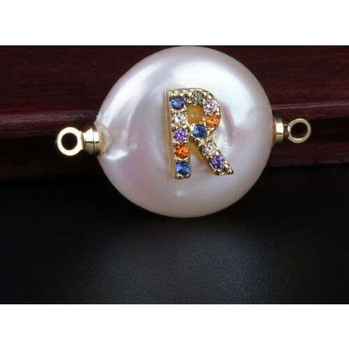 Rainbow CZ initial 26 alphabet letter ABC name charm freshwater pearl pendant connector for jewelry making birthday