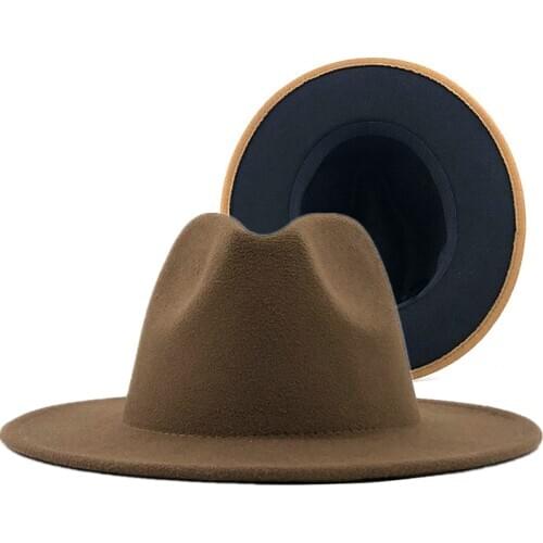 Simple Unisex Outer khaki Inner Black Wool Felt Jazz Fedora Hats with Men Women Wide Brim Panama Trilby Cap 56-58-60CM